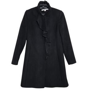 Womens DKNY Pea Coat Black Size 4 Ruffle Snap Closure Wool Rayon